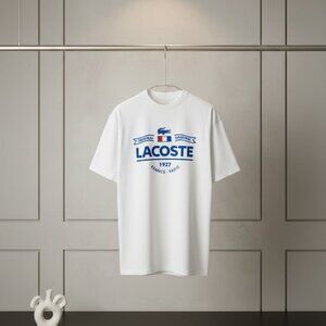 Lac0ste 1927 France T-Shirt White Blue Croc0dile Logo Cotton Tee